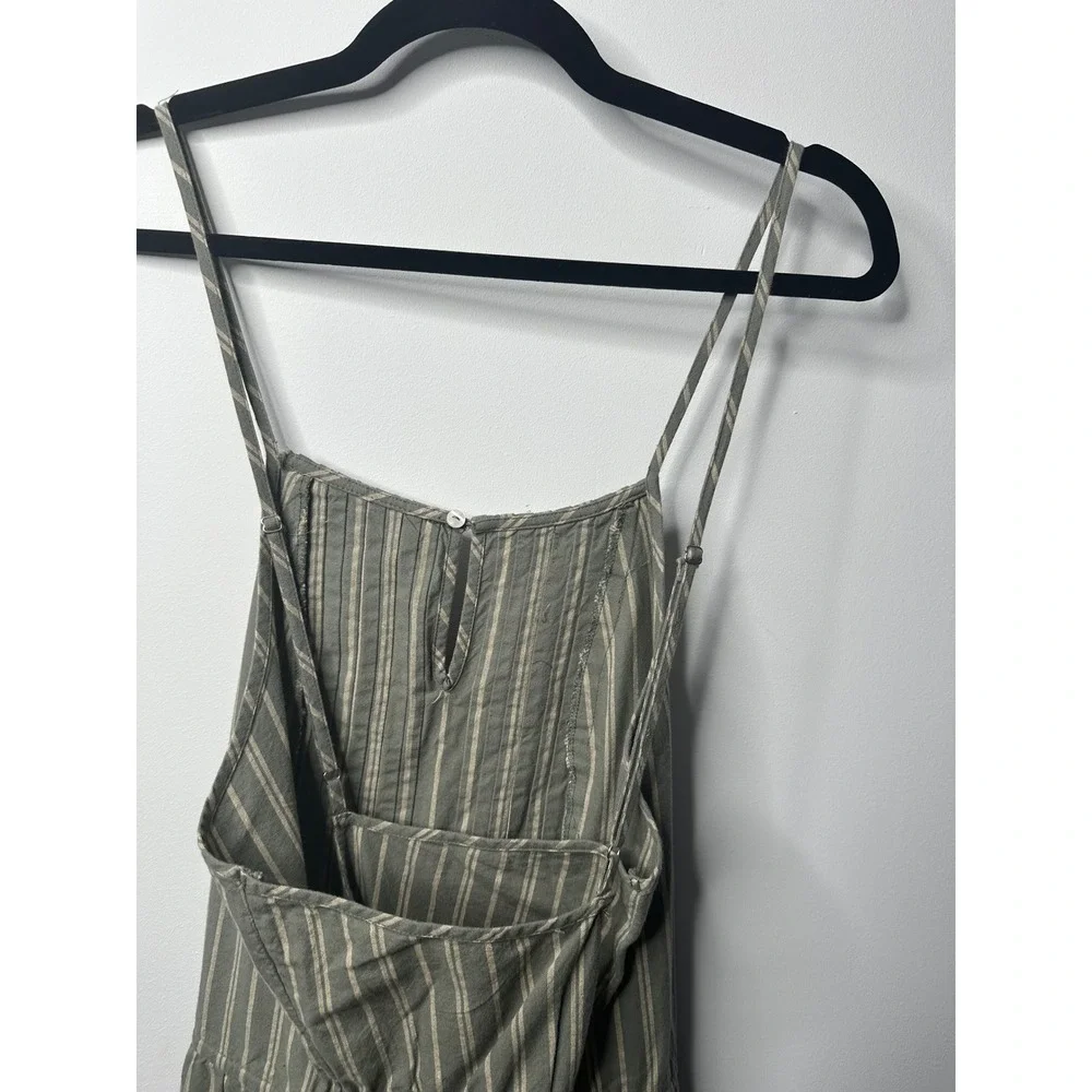 Free People Striped Pleated Bib Jumpsuit Olive Green Cream XL NWT Boho Wide Leg